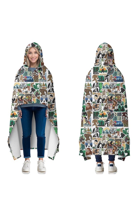 Wearable Blanket,Multicolor Bigfoot and Sticker Pattern Hooded Wearable Flannel Blanket for Adults & Teens with Buckle,Winter Poncho Shawl Wrap Cape,60"x80"