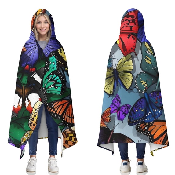 Wearable Blanket,Multicolor Butterfly Group Pattern Hooded Wearable Flannel Blanket for Adults & Teens,Winter Poncho Shawl Wrap Cape Cozy Anti-Pill,60"x80"
