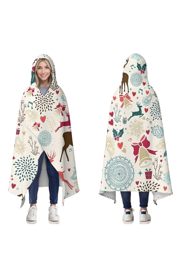 Wearable Blanket,Multicolor Christmas Deer Pattern Hooded Wearable Sherpa Blanket for Adults & Teens,Winter Poncho Shawl Wrap Cape Thick Warm,50"x60"