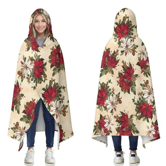 Wearable Blanket,Multicolor Christmas Floral Pattern Hooded Wearable Sherpa Blanket for Adults & Teens,Winter Poncho Shawl Wrap Cape Thick Warm,50"x60"
