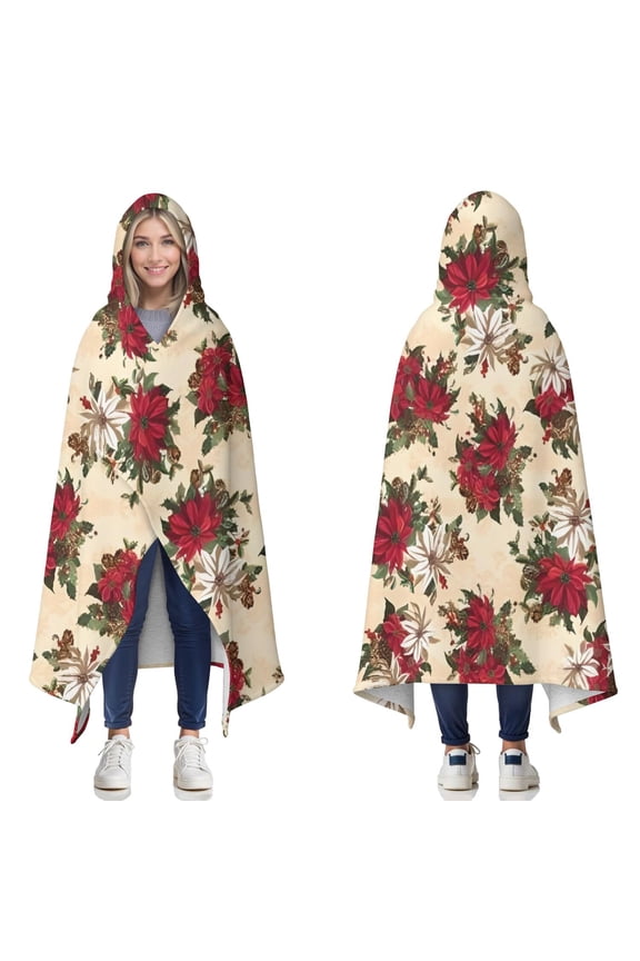Wearable Blanket,Multicolor Christmas Floral Pattern Hooded Wearable Sherpa Blanket for Adults & Teens,Winter Poncho Shawl Wrap Cape Thick Warm,60"x80"