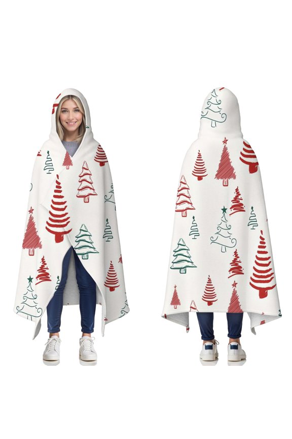 Wearable Blanket,Multicolor Christmas Tree Pattern Hooded Wearable Sherpa Blanket for Adults & Teens,Winter Poncho Shawl Wrap Cape Thick Warm,50"x60"
