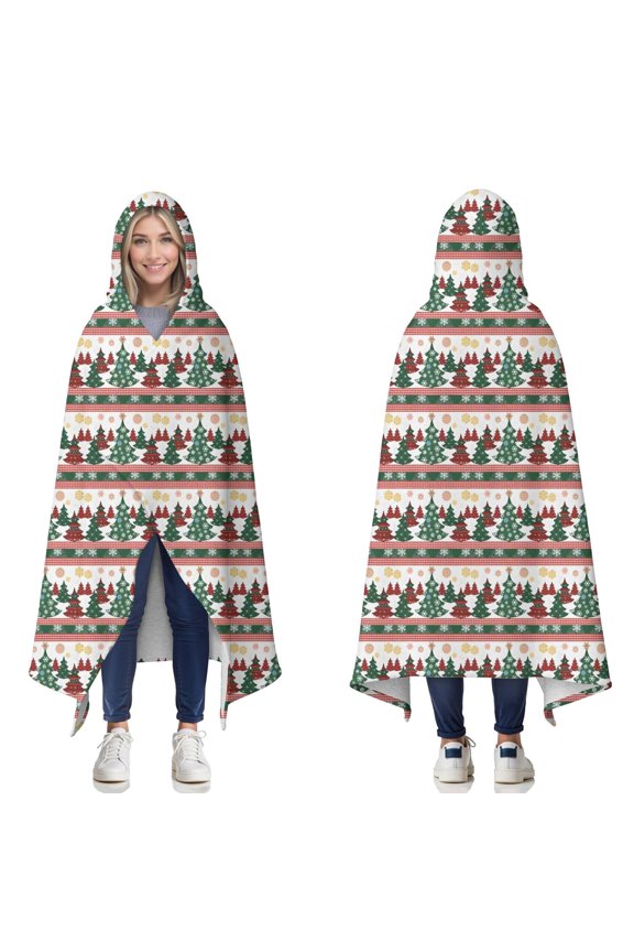 Wearable Blanket,Multicolor Christmas Tree Pattern Hooded Wearable Sherpa Blanket for Adults & Teens,Winter Poncho Shawl Wrap Cape Thick Warm,50"x60"