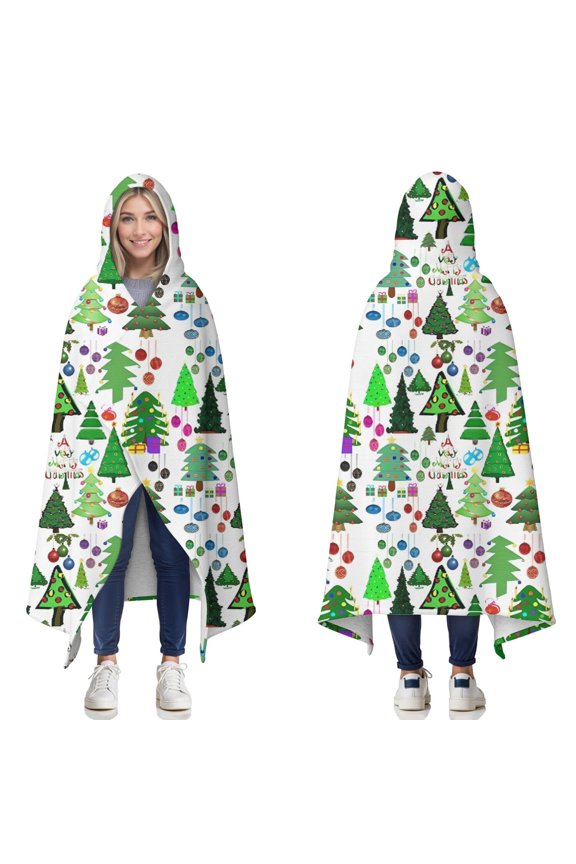 Wearable Blanket,Multicolor Christmas Tree Pattern Hooded Wearable Sherpa Blanket for Adults & Teens,Winter Poncho Shawl Wrap Cape Thick Warm,50"x60"