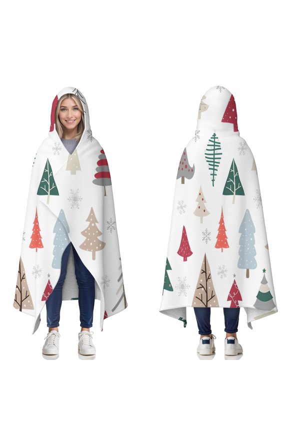 Wearable Blanket,Multicolor Christmas Tree Pattern Hooded Wearable Sherpa Blanket for Adults & Teens,Winter Poncho Shawl Wrap Cape Thick Warm,50"x60"