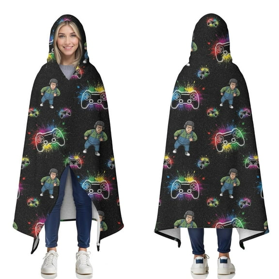 Wearable Blanket,Multicolor Controllers Games Characters Black Pattern Hooded Wearable Sherpa Blanket for Adults & Teens,Winter Poncho Shawl Wrap Cape Thick Warm,50"x60"
