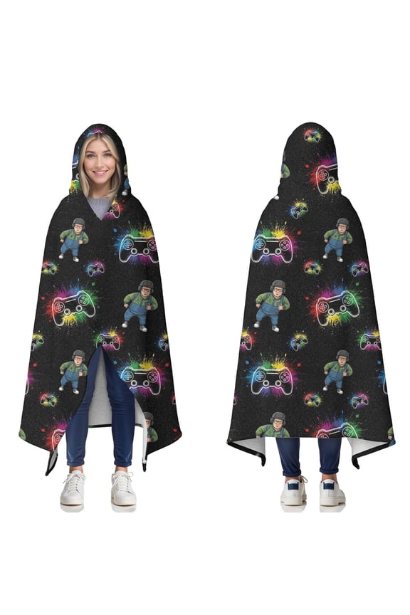 Wearable Blanket,Multicolor Controllers Games Characters Black Pattern Hooded Wearable Sherpa Blanket for Adults & Teens,Winter Poncho Shawl Wrap Cape Thick Warm,50"x60"
