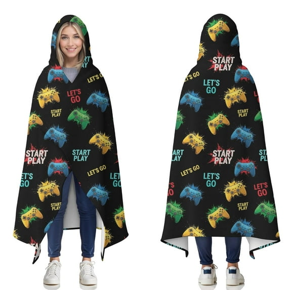 Wearable Blanket,Multicolor Controllers Games Text Black Pattern Hooded Wearable Flannel Blanket for Adults & Teens,Winter Poncho Shawl Wrap Cape Cozy Anti-Pill,50"x60"