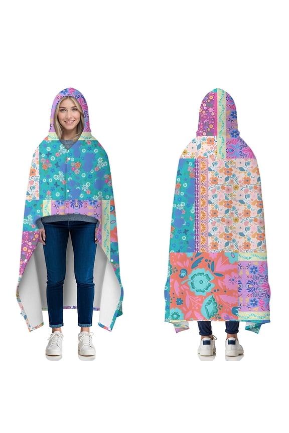 Wearable Blanket,Multicolor Ethnic Flower Patchwork Pattern Hooded Wearable Flannel Blanket for Adults & Teens with Buckle,Winter Poncho Shawl Wrap Cape,50"x60"