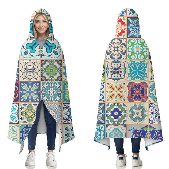 Wearable Blanket,Multicolor Ethnic Geometric Patchwork Pattern Hooded Wearable Flannel Blanket for Adults & Teens,Winter Poncho Shawl Wrap Cape Cozy Anti-Pill,50"x60"