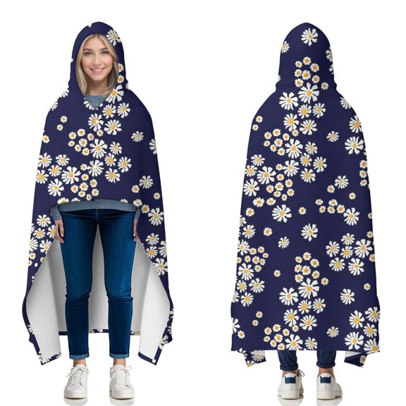 Wearable Blanket,Navy Daisy Flower Pattern Hooded Wearable Flannel Blanket for Adults & Teens with Buckle,Winter Poncho Shawl Wrap Cape,60"x80"