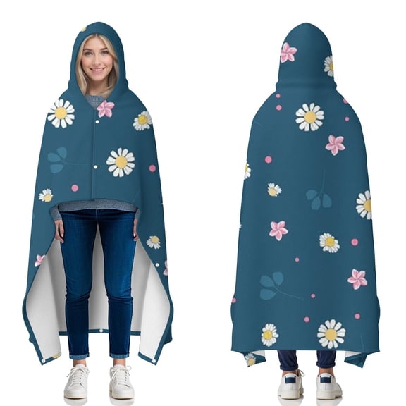 Wearable Blanket,Navy Daisy Flower Pink Flowers Pattern Hooded Wearable Flannel Blanket for Adults & Teens with Buckle,Winter Poncho Shawl Wrap Cape,50"x60"