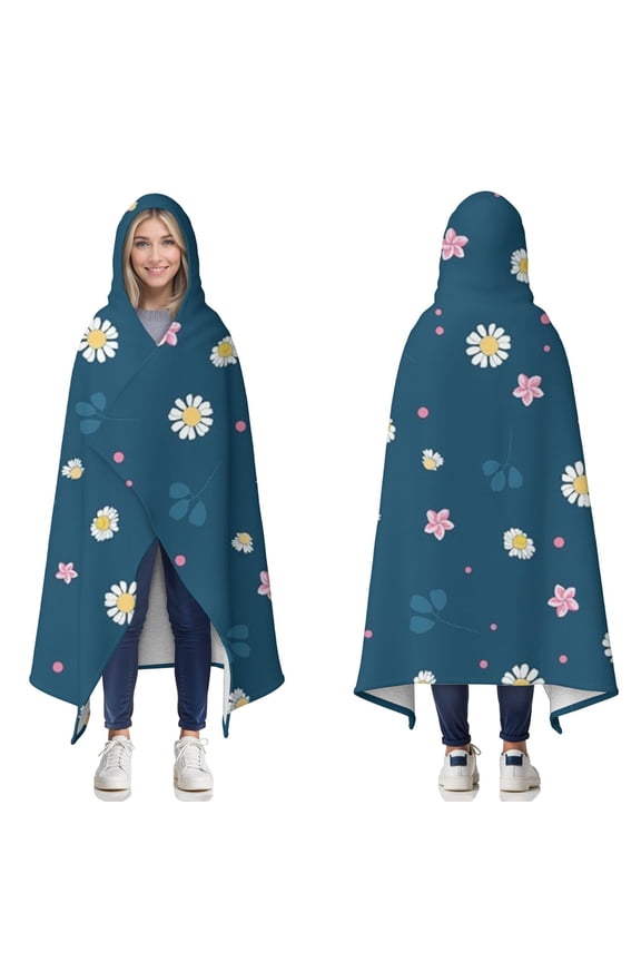 Wearable Blanket,Navy Daisy Flower Pink Flowers Pattern Hooded Wearable Sherpa Blanket for Adults & Teens,Winter Poncho Shawl Wrap Cape Thick Warm,60"x80"