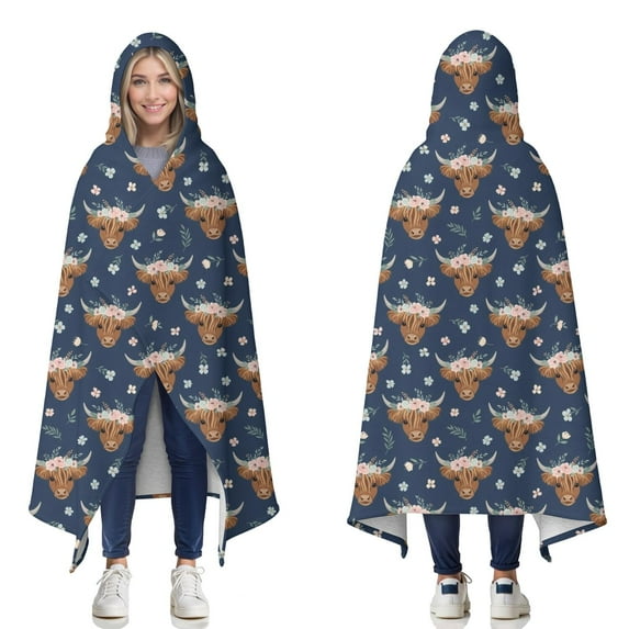 Wearable Blanket,Navy Highland Cow Flower Pattern Hooded Wearable Sherpa Blanket for Adults & Teens,Winter Poncho Shawl Wrap Cape Thick Warm,50"x60"