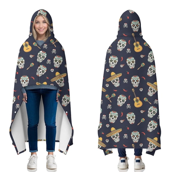 Wearable Blanket,Navy Mexican Skull Pattern Hooded Wearable Flannel Blanket for Adults & Teens with Buckle,Winter Poncho Shawl Wrap Cape,50"x60"