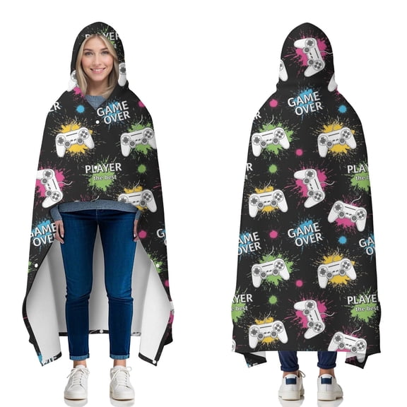 Wearable Blanket,Neon Controllers Games Icons Black Pattern Hooded Wearable Flannel Blanket for Adults & Teens with Buckle,Winter Poncho Shawl Wrap Cape,50"x60"