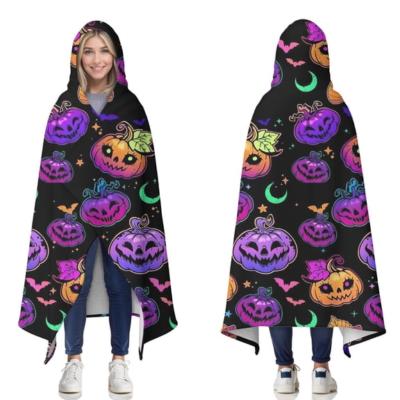Wearable Blanket,Neon Halloween Pumpkin Pattern Hooded Wearable Sherpa Blanket for Adults & Teens,Winter Poncho Shawl Wrap Cape Thick Warm,50"x60"