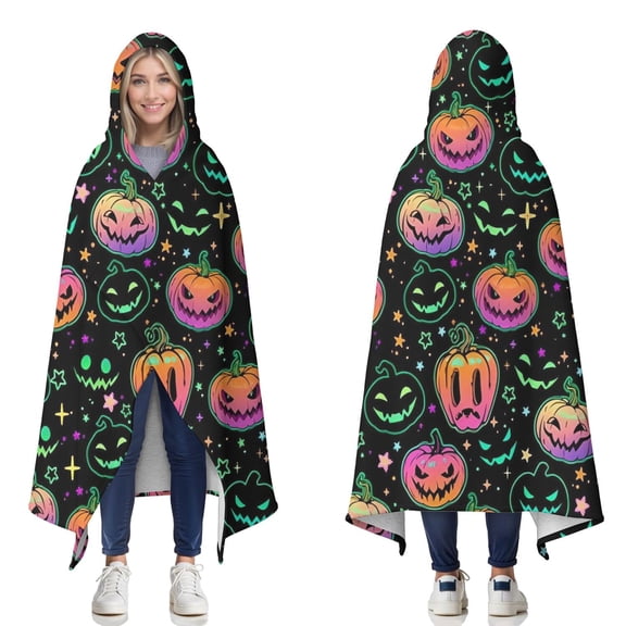 Wearable Blanket,Neon Halloween Pumpkins Pattern Hooded Wearable Sherpa Blanket for Adults & Teens,Winter Poncho Shawl Wrap Cape Thick Warm,50"x60"