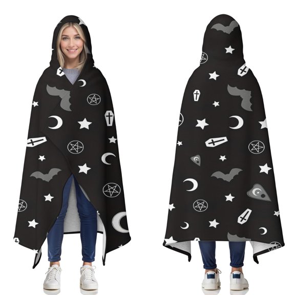 Wearable Blanket,Occult Halloween Pattern Hooded Wearable Sherpa Blanket for Adults & Teens,Winter Poncho Shawl Wrap Cape Thick Warm,50"x60"