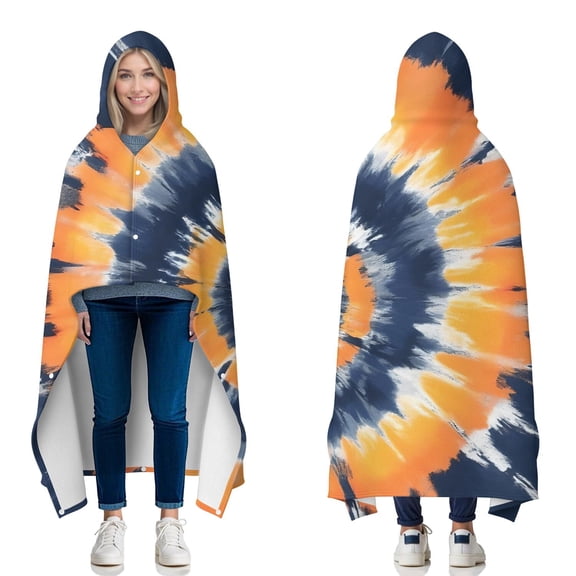 Wearable Blanket,Orange Blue Tie Dye Mandala Pattern Hooded Wearable Flannel Blanket for Adults & Teens with Buckle,Winter Poncho Shawl Wrap Cape,60"x80"