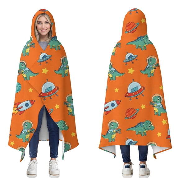 Wearable Blanket,Orange Cartoon Dinosaurs Rockets Planets Pattern Hooded Wearable Flannel Blanket for Adults & Teens,Winter Poncho Shawl Wrap Cape Cozy Anti-Pill,50"x60"
