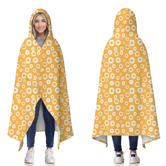 Wearable Blanket,Orange Daisy Flower Floral Pattern Hooded Wearable Sherpa Blanket for Adults & Teens,Winter Poncho Shawl Wrap Cape Thick Warm,60"x80"