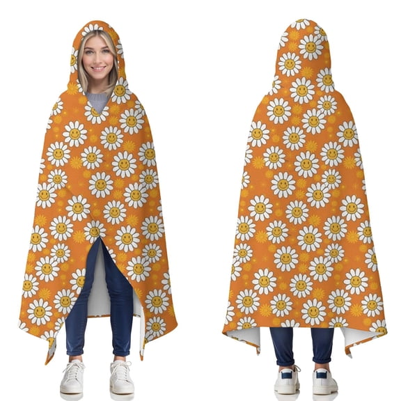 Wearable Blanket,Orange Daisy Flower Smiley Faces Pattern Hooded Wearable Flannel Blanket for Adults & Teens,Winter Poncho Shawl Wrap Cape Cozy Anti-Pill,60"x80"
