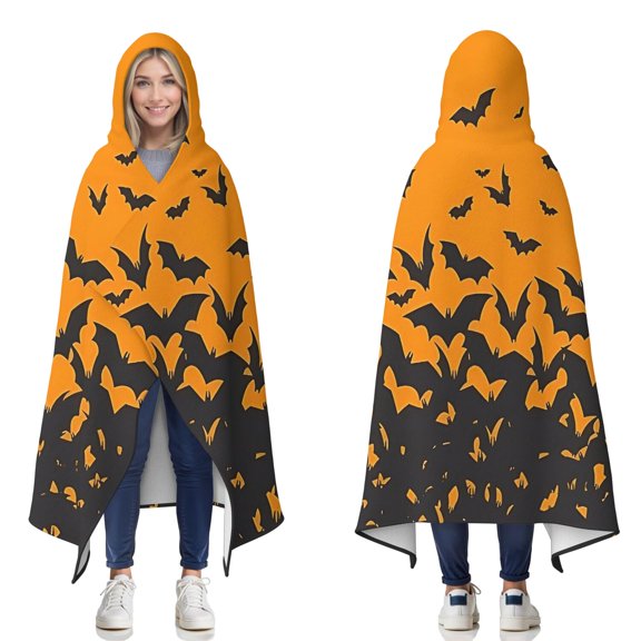 Wearable Blanket,Orange Halloween Bats Hooded Wearable Flannel Blanket for Adults & Teens,Winter Poncho Shawl Wrap Cape Cozy Anti-Pill,50"x60"