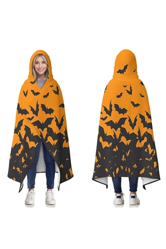 Wearable Blanket,Orange Halloween Bats Hooded Wearable Flannel Blanket for Adults & Teens,Winter Poncho Shawl Wrap Cape Cozy Anti-Pill,50"x60"