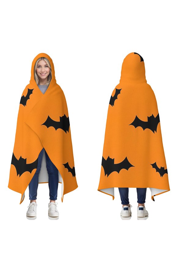 Wearable Blanket,Orange Halloween Bats Hooded Wearable Flannel Blanket for Adults & Teens,Winter Poncho Shawl Wrap Cape Cozy Anti-Pill,60"x80"