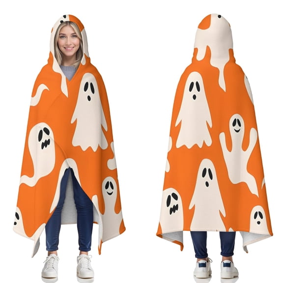 Wearable Blanket,Orange Halloween Ghosts Hooded Wearable Sherpa Blanket for Adults & Teens,Winter Poncho Shawl Wrap Cape Thick Warm,50"x60"