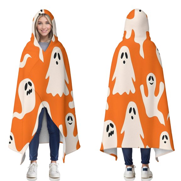 Wearable Blanket,Orange Halloween Ghosts Hooded Wearable Sherpa Blanket for Adults & Teens,Winter Poncho Shawl Wrap Cape Thick Warm,60"x80"