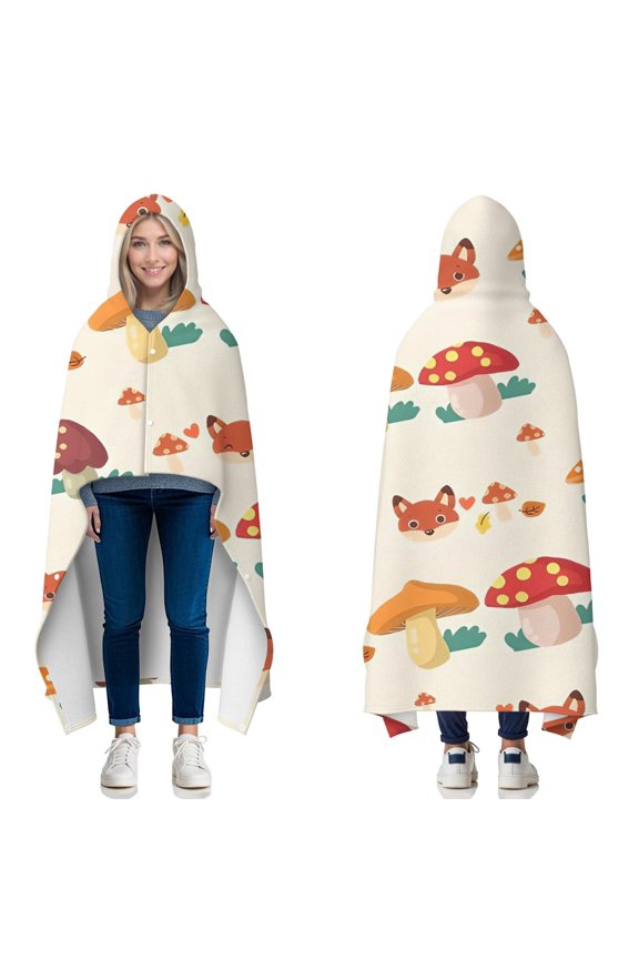 Wearable Blanket,Orange Mushroom Fox Light Pattern Hooded Wearable Flannel Blanket for Adults & Teens with Buckle,Winter Poncho Shawl Wrap Cape,50"x60"