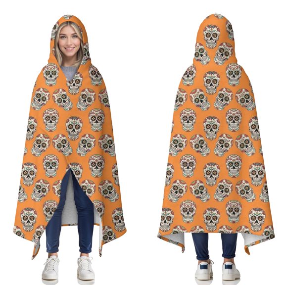 Wearable Blanket,Orange Skull Pattern Hooded Wearable Sherpa Blanket for Adults & Teens,Winter Poncho Shawl Wrap Cape Thick Warm,60"x80"