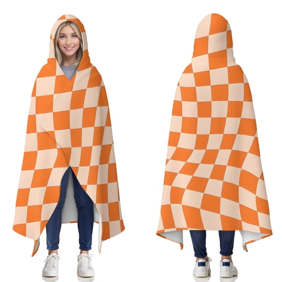 Wearable Blanket,Orange and White Wavy Checkerboard Pattern Hooded Wearable Flannel Blanket for Adults & Teens,Winter Poncho Shawl Wrap Cape Cozy Anti-Pill,50"x60"