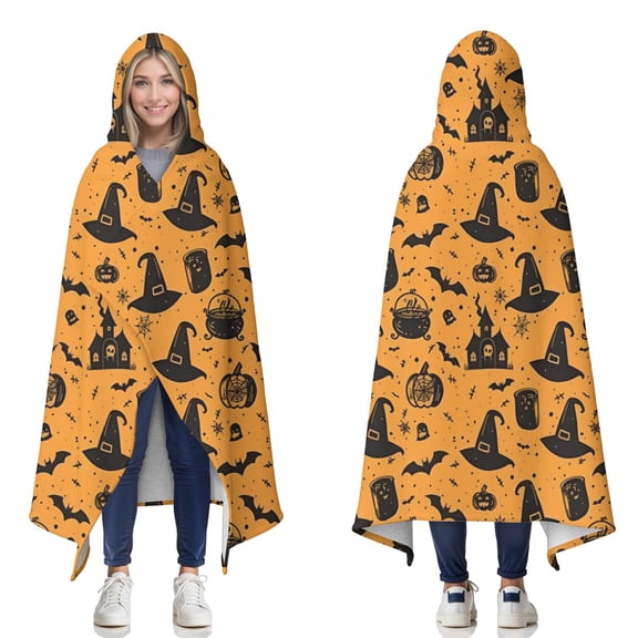 Wearable Blanket,Orange Witch Hat Halloween Pattern Hooded Wearable Sherpa Blanket for Adults & Teens,Winter Poncho Shawl Wrap Cape Thick Warm,60"x80"