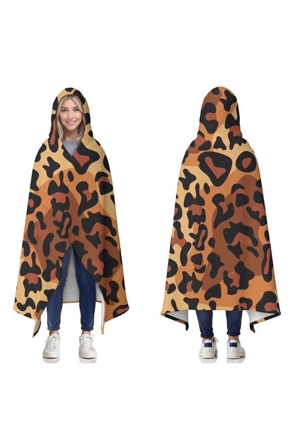 Wearable Blanket,Orange and Brown Leopard Pattern Hooded Wearable Sherpa Blanket for Adults & Teens,Winter Poncho Shawl Wrap Cape Thick Warm,50"x60"