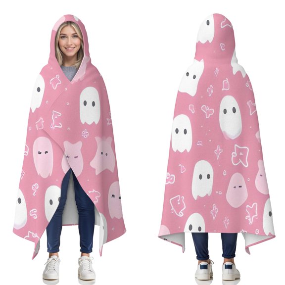 Wearable Blanket,Pastel Halloween Ghost Pattern Hooded Wearable Flannel Blanket for Adults & Teens,Winter Poncho Shawl Wrap Cape Cozy Anti-Pill,50"x60"