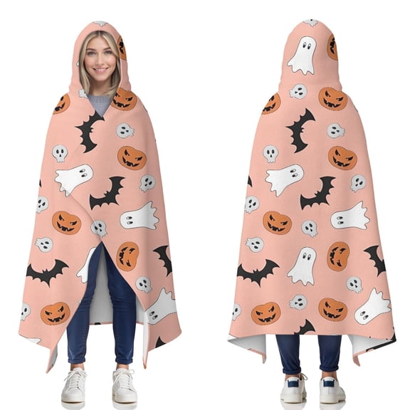 Wearable Blanket,Pastel Halloween Icons Pattern Hooded Wearable Flannel Blanket for Adults & Teens,Winter Poncho Shawl Wrap Cape Cozy Anti-Pill,50"x60"