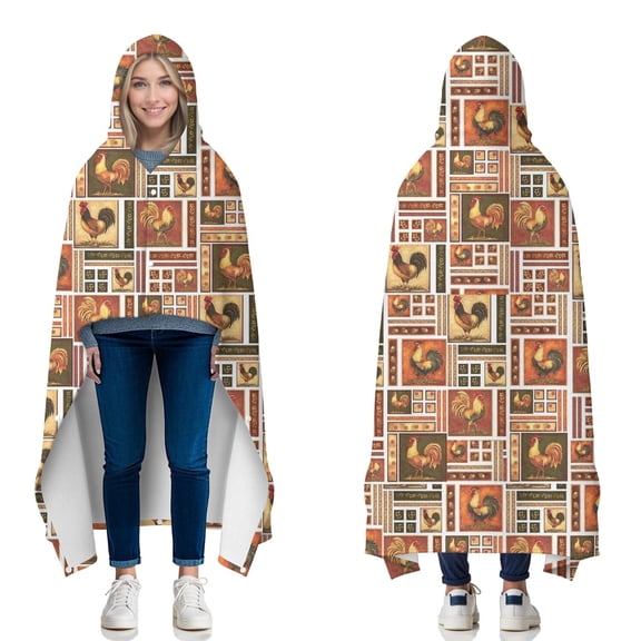 Wearable Blanket,Patchwork Chicken Pattern Hooded Wearable Flannel Blanket for Adults & Teens with Buckle,Winter Poncho Shawl Wrap Cape,50"x60"