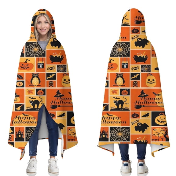Wearable Blanket,Patchwork Halloween Pattern Hooded Wearable Flannel Blanket for Adults & Teens,Winter Poncho Shawl Wrap Cape Cozy Anti-Pill,50"x60"