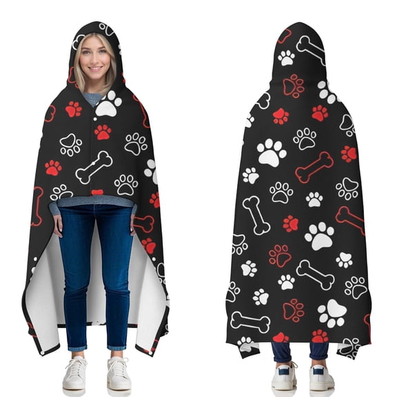 Wearable Blanket,Paw Prints and Bones Hooded Wearable Flannel Blanket for Adults & Teens with Buckle,Winter Poncho Shawl Wrap Cape,50"x60"