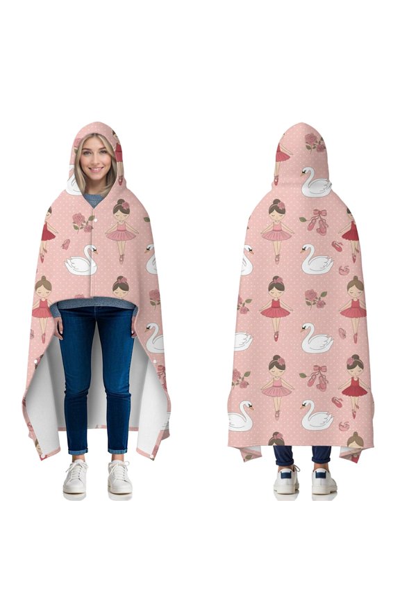 Wearable Blanket,Pink Ballerina Swan Pattern Hooded Wearable Flannel Blanket for Adults & Teens with Buckle,Winter Poncho Shawl Wrap Cape,60"x80"