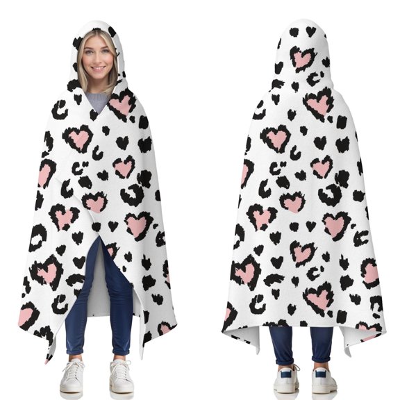 Wearable Blanket,Pink and Black Of Leopard Print Hooded Wearable Flannel Blanket for Adults & Teens,Winter Poncho Shawl Wrap Cape Cozy Anti-Pill,50"x60"