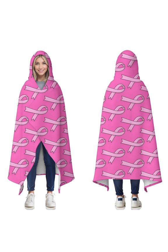 Wearable Blanket,Pink Breast Cancer Hooded Wearable Sherpa Blanket for Adults & Teens,Winter Poncho Shawl Wrap Cape Thick Warm,60"x80"
