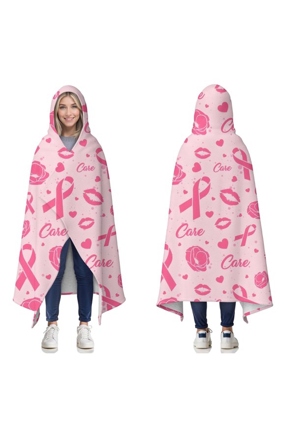 Wearable Blanket,Pink Breast Cancer and Pioneer Flower Love Hooded Wearable Sherpa Blanket for Adults & Teens,Winter Poncho Shawl Wrap Cape Thick Warm,50"x60"