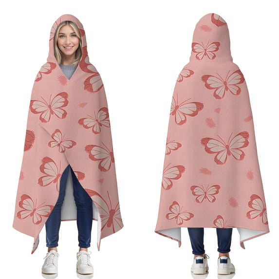 Wearable Blanket,Pink Butterfly Pattern Hooded Wearable Flannel Blanket for Adults & Teens,Winter Poncho Shawl Wrap Cape Cozy Anti-Pill,60"x80"