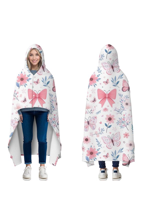 Wearable Blanket,Pink Butterfly Star Floral Peach Pattern Hooded Wearable Flannel Blanket for Adults & Teens with Buckle,Winter Poncho Shawl Wrap Cape,50"x60"