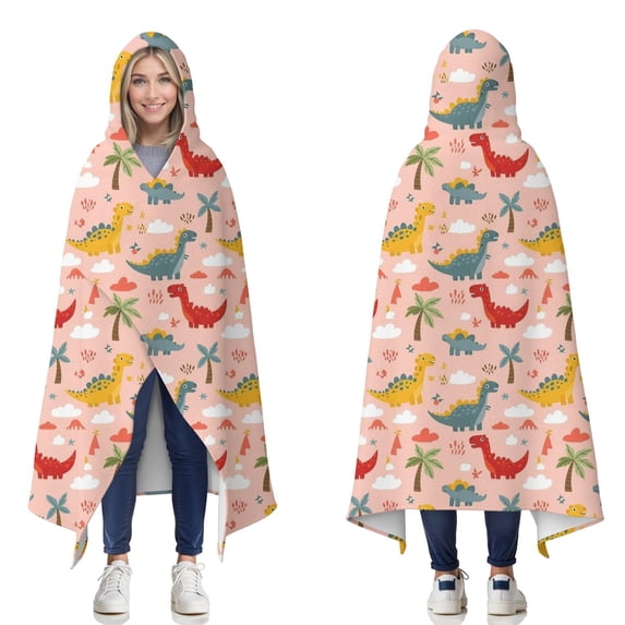 Wearable Blanket,Pink Cartoon Dinosaurs Clouds Palm Trees Pattern Hooded Wearable Flannel Blanket for Adults & Teens,Winter Poncho Shawl Wrap Cape Cozy Anti-Pill,50"x60"