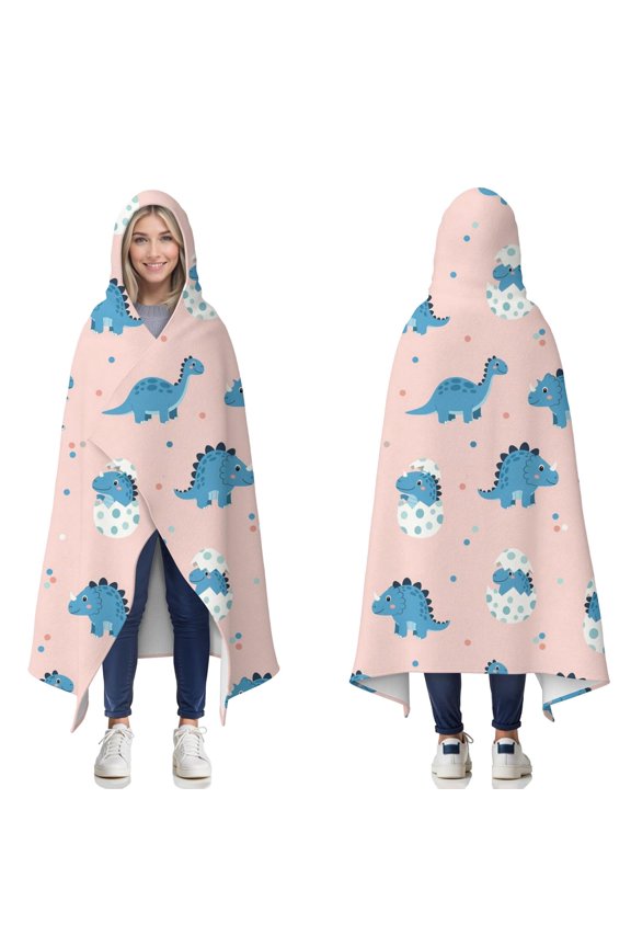 Wearable Blanket,Pink Cartoon Dinosaurs Eggs Pattern Hooded Wearable Flannel Blanket for Adults & Teens,Winter Poncho Shawl Wrap Cape Cozy Anti-Pill,60"x80"